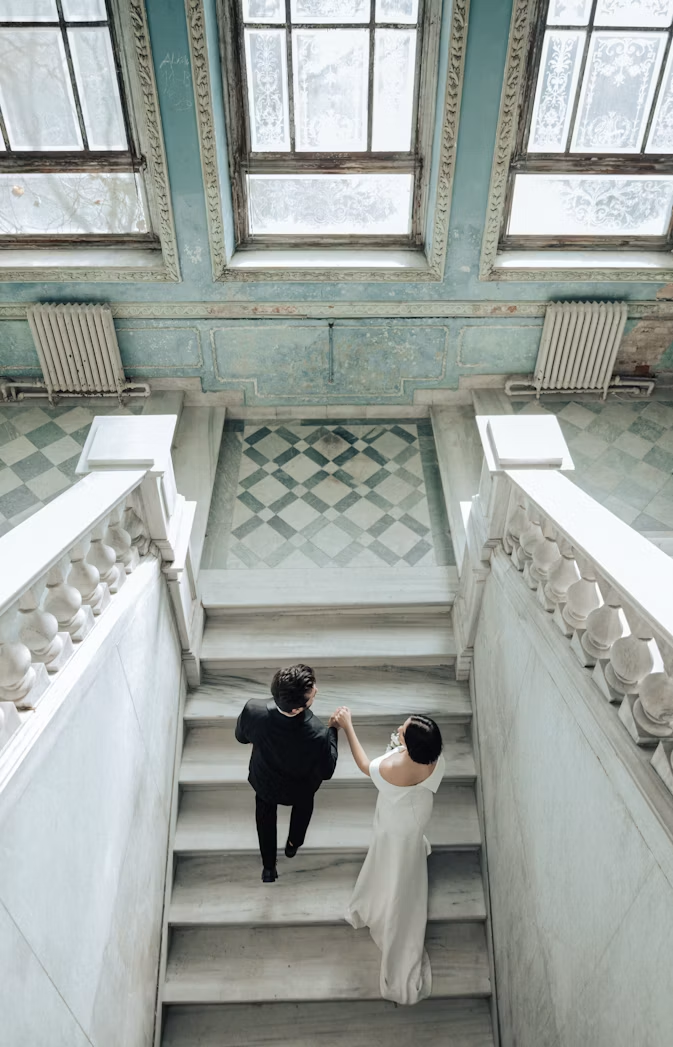 Wedding couple on a grand staircase